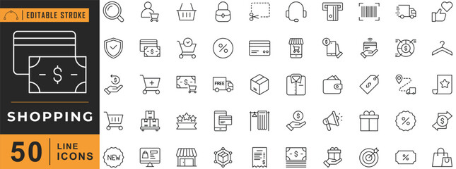 Shopping line icon set. Editable stroke. Vector illustration.