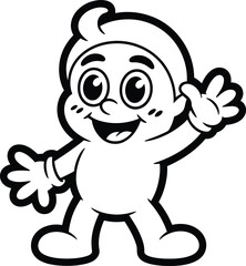 Waving Cartoon Character with Gloves & Smile – Black & White Vector for Kids, Mascot Branding & Coloring Fun