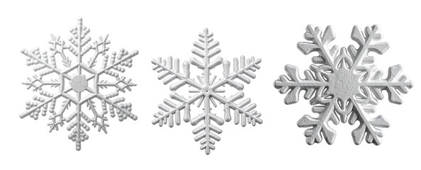 Set of 3 White Snowflakes – Mixed Frosted Styles – Isolated PNGs on Transparent Background