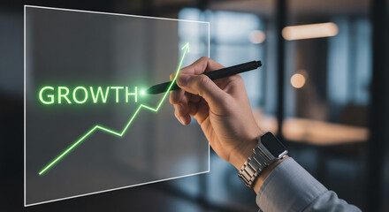 Hand holding black stylus drawing green rising chart. Concept of company progress, profit increase, or business expansion, showcase of positive trend