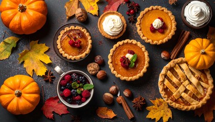 Autumnal dessert display with mini pies and pumpkins