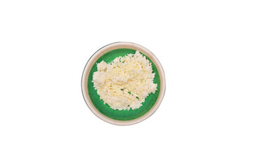 Top-down transparent PNG of fresh crud cheese in a green breakfast bowl — ideal for breakfast...