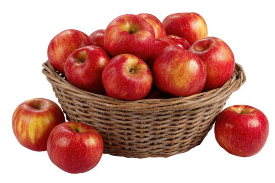 Red apples in a woven basket.  Fresh, plump apples of various sizes rest in a shallow, round, light brown wicker basket.  More apples are scattered around the base of the basket