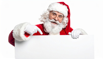 Naklejka premium Santa claus holding blank sign pointing down