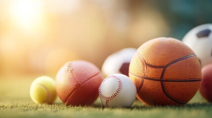 Different types of sports balls are scattered on vibrant green grass as the sun sets. The warm light creates a cheerful atmosphere perfect for outdoor games and activities