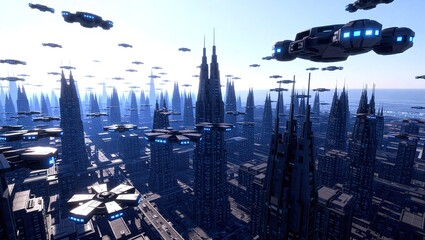 Futuristic Metropolis with Flying Spaceships and Towering Skyscrapers.