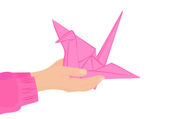 Origami crane in children's hands. Paper bird. Hobby. Vector stock illustration. Isolated on a white background.