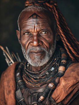 Portrait of himba man wearing traditional clothing and accessories