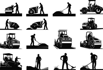 Construction, Road, Workers, Machinery, Silhouette, Roller, Paver, Shovel, Rake, Equipment, Manual, Vehicle, Site, Labor, Operation, Infrastructure, Industrial, Tools, Crew, Maintenance