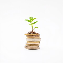 Stack of coins growing with small plant on top, isolated on white background.