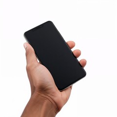 Smartphone with blank display in hand, isolated on white background.