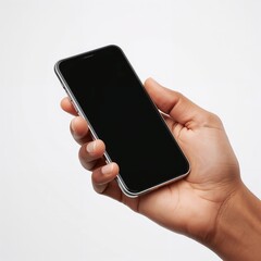 Smartphone with blank display in hand, isolated on white background.