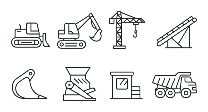 Set of eight outline construction icons featuring equipment and machinery