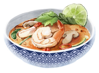 Tom Yam Goong Thai Shrimp Soup Illustration watercolor