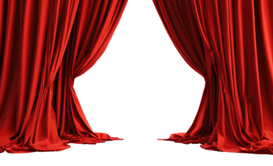 Crimson theater curtains open wide