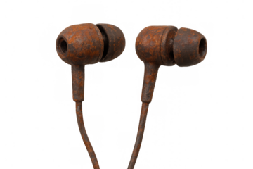 Rusty earbuds showing technology decay, obsolescence, and the end of music listening on a transparent background