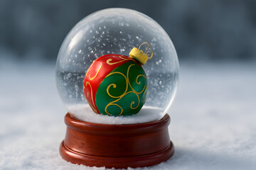 A festive snow globe with a red and green ornament inside, sitting on a snowy surface with a blurred background, christmas