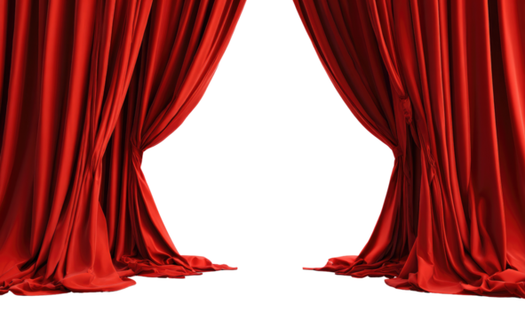 Crimson theater curtains open wide