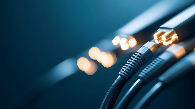 Close up on optical fiber cables transferring data and connecting devices in modern networks. Data transmission speeds, and global communication are dependent on network cables.
