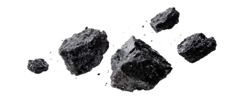 Dark gray rocks in motion against a black background. Several irregular-shaped rocks, varying in size, appear to be in mid-air, with a sense of movement and impact.