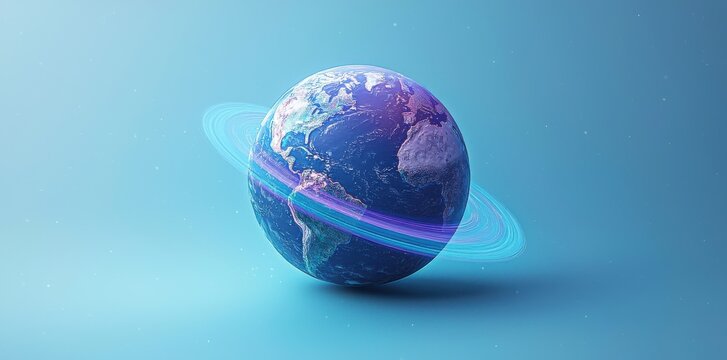 3D illustration of Earth with glowing purple and blue rings in space
