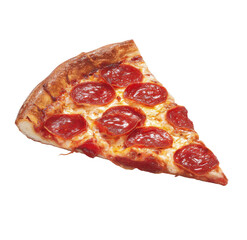 Pizza slice, pepperoni and cheese.  A triangular slice of pepperoni pizza, against a black background.  Visible are the crust, melted cheese, and pepperoni slices