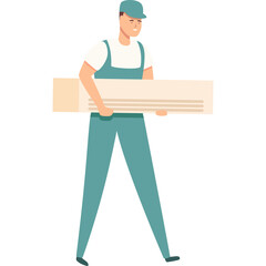 Cartoon Builder Wearing Teal Overalls And Cap Carrying A Long Wooden Plank With Eyes Closed In...