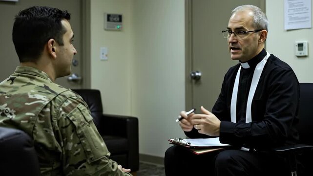 Military chaplain counseling soldier in his office. Mental health support for service members. Spiritual guidance and therapy session. Banner for veterans support services