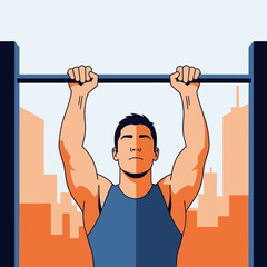 Athletic man in a blue tank top doing pull ups vector illustration.