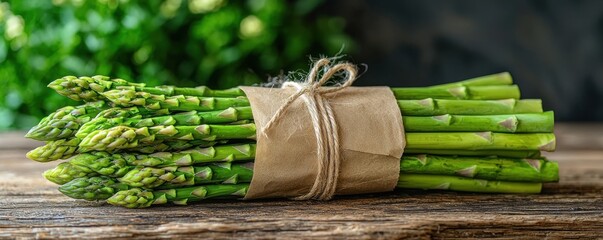 Fresh green asparagus bunch tied with twine on rustic wooden table