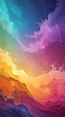 Abstract vibrant fluid art.  Colorful, flowing layers of paint, blending into swirling, dynamic patterns of rainbow hues.  Soft, textured brushstrokes create a sense of movement and depth