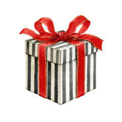 A gift box, square-shaped, with black and white striped wrapping paper, adorned with a large red ribbon bow