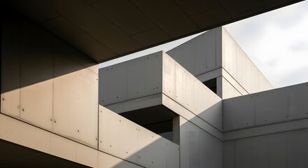 Obraz premium Abstract architectural construction featuring concrete beams and contrasting light and shadow