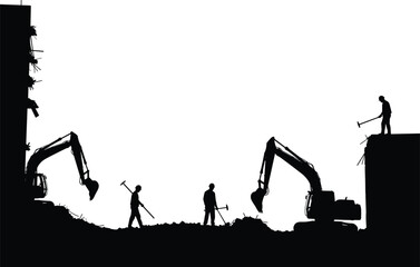 Demolition, Excavator, Construction, Silhouette, Workers, Machinery, Debris, Structure, Pickaxe, Shovel, Labor, Site, Framework, Equipment, Technician, Task, Infrastructure, Building, Manual, Ground