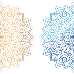 Ornamental Flower Design with Blue and Gold Half Mandalas on Transparent Background, Floral Pattern Decoration Template, and Illustration Backdrop