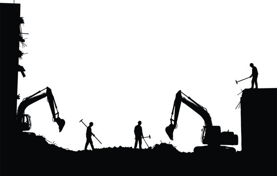 Demolition, Excavator, Construction, Silhouette, Workers, Machinery, Debris, Structure, Pickaxe, Shovel, Labor, Site, Framework, Equipment, Technician, Task, Infrastructure, Building, Manual, Ground