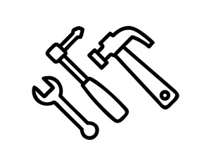 Illustration of a hammer, wrench, and ratchet