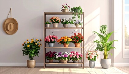 Potted flowers on a wooden shelf. Sunlight streams into a bright room