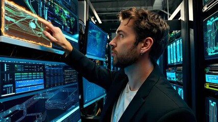 Male IT specialist analyzing complex data on a touchscreen in a server room. Professional monitoring network activity and system performance. Big data and cloud computing concept - Powered by Adobe