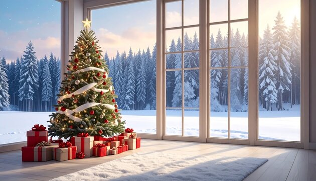 Festive Christmas tree indoors with gifts, snowy forest view