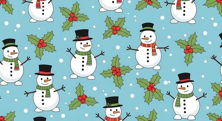 A cheerful winter pattern featuring cartoon snowmen in hats and scarves interspersed with festive holly sprigs and falling snowflakes against a light blue background.