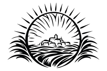 Black and white drawing of village nestled in a hill surrounded by sun rays