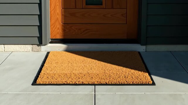 Blank brown coir doormat on concrete porch in front of wooden door. House entrance with sunlight and shadow. Welcome home concept for real estate banner