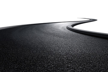 Dark, winding asphalt road against a black background.  A smooth, dark gray asphalt road curves gently to the right, bordered by a light gray curb. 