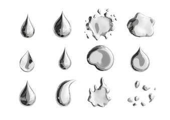 Collection of stylized silver liquid droplets and splashes