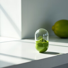 Bio-dissolvable single-serve capsule with green nutritional powder on minimalist countertop