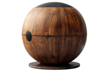 Spherical wooden speaker with a unique design showcasing natural wood grain and modern audio technology on transparent background