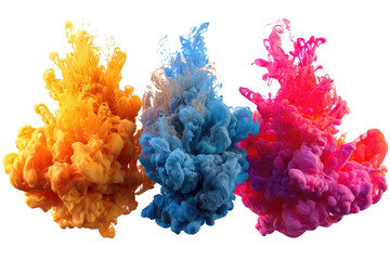 Three vibrant ink bursts of orange, blue, and pink, swirling against a black background