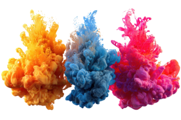 Three vibrant ink bursts of orange, blue, and pink, swirling against a black background