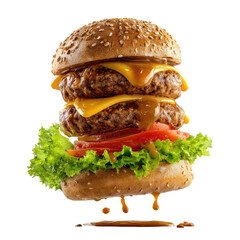 A double cheeseburger, presented in a studio shot, appears to float in the air.  The burger is topped with two patties, melted cheese, lettuce, tomato, and a sauce drizzle. 